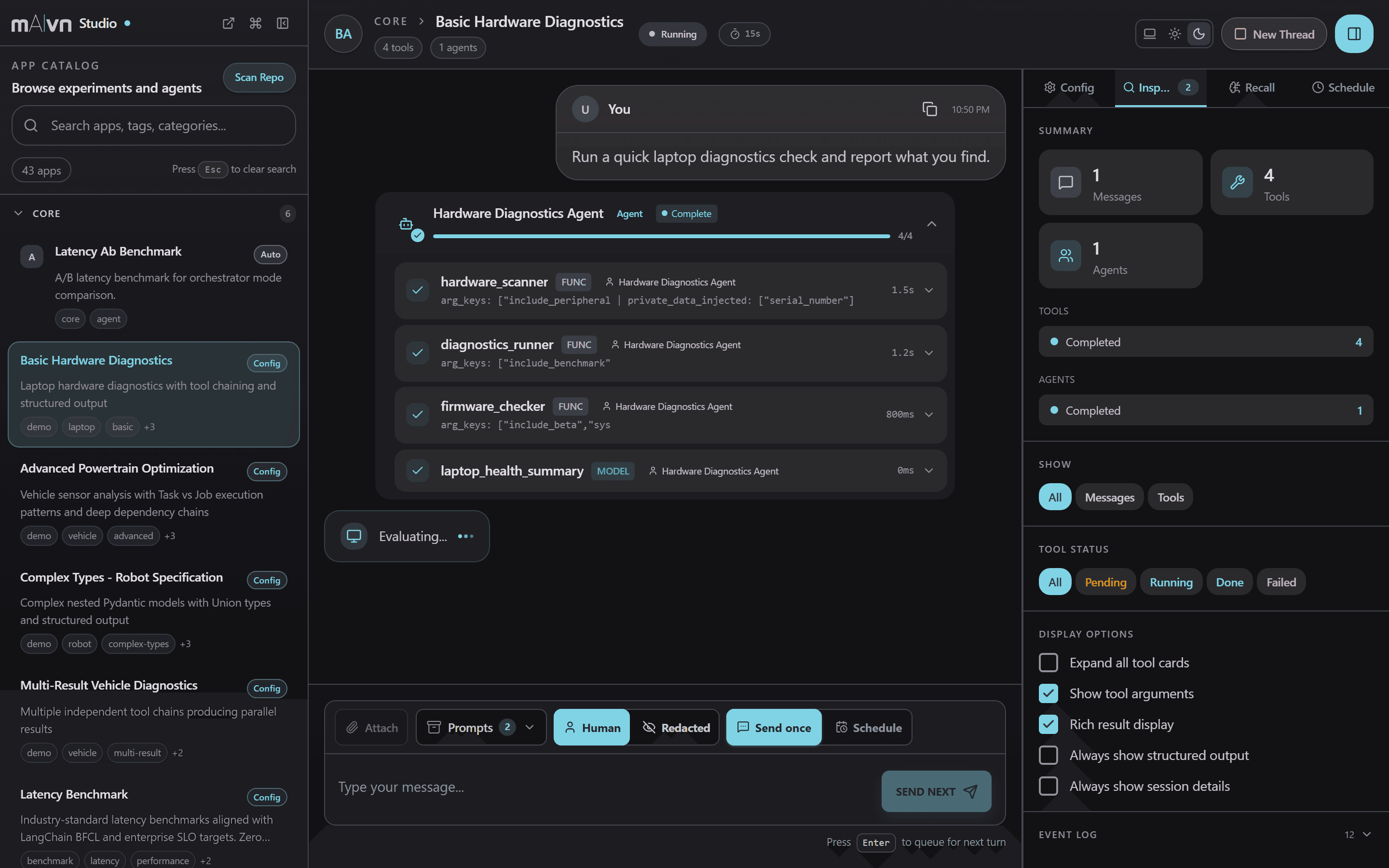 mAIvn Studio showing a real agent run: four tool calls completed, a verified structured result, and the inspection panel with the run's tools and agents