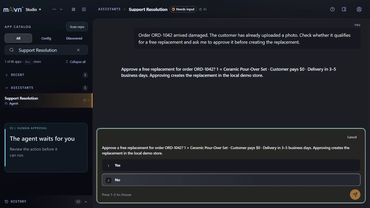 Pre-recorded Support Resolution walkthrough showing the example paused at a human approval step, asking whether to approve a replacement order
